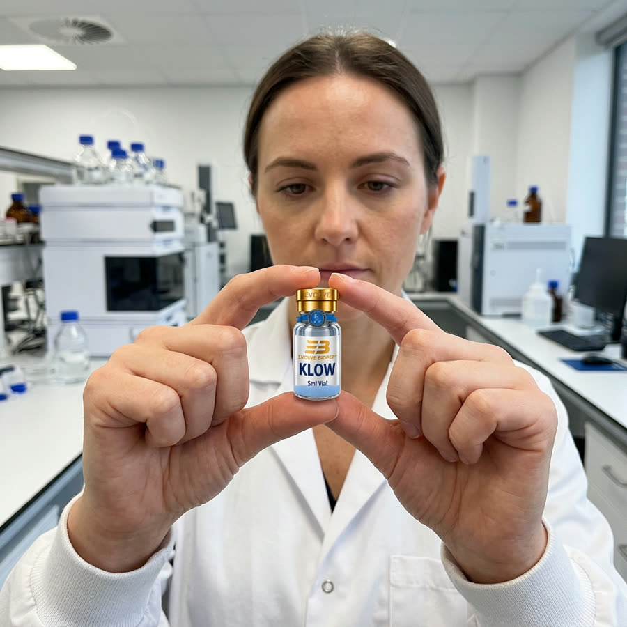 Researcher inspecting an Evolve BioPep research peptide vial