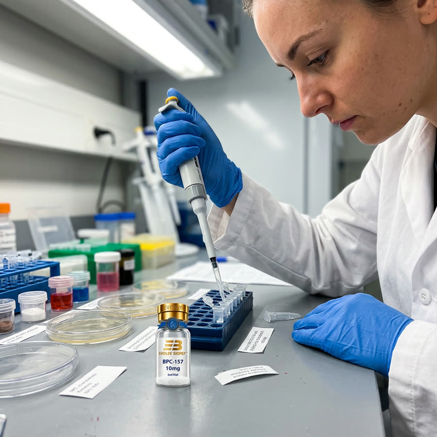Researcher preparing Evolve BioPep research peptides at the lab bench