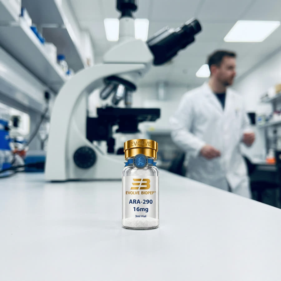 Evolve BioPep research peptide vials beside a laboratory microscope